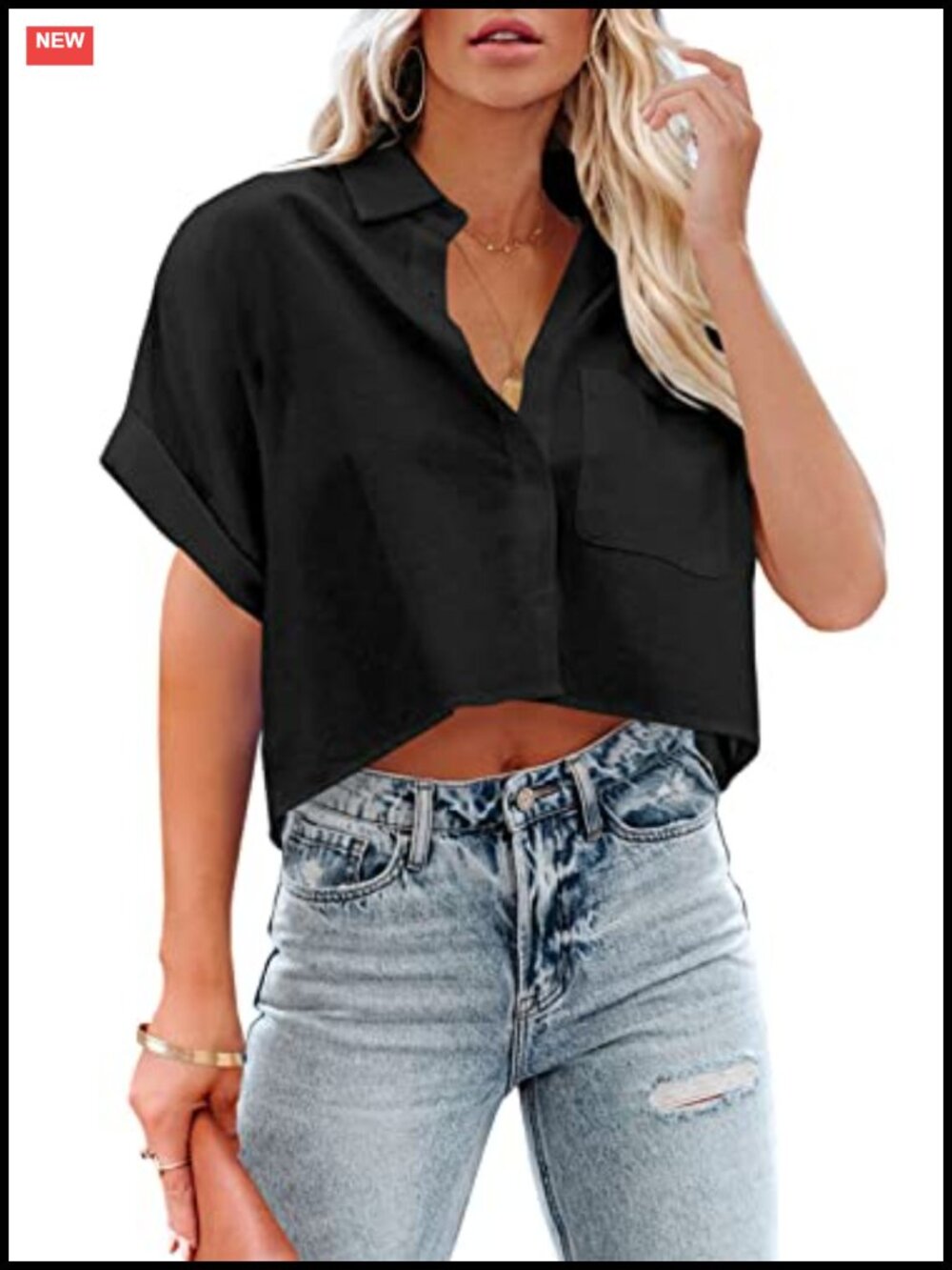 Womens Button Down Cropped Shirt 100% Cotton Short Sleeve Collared Blouse
